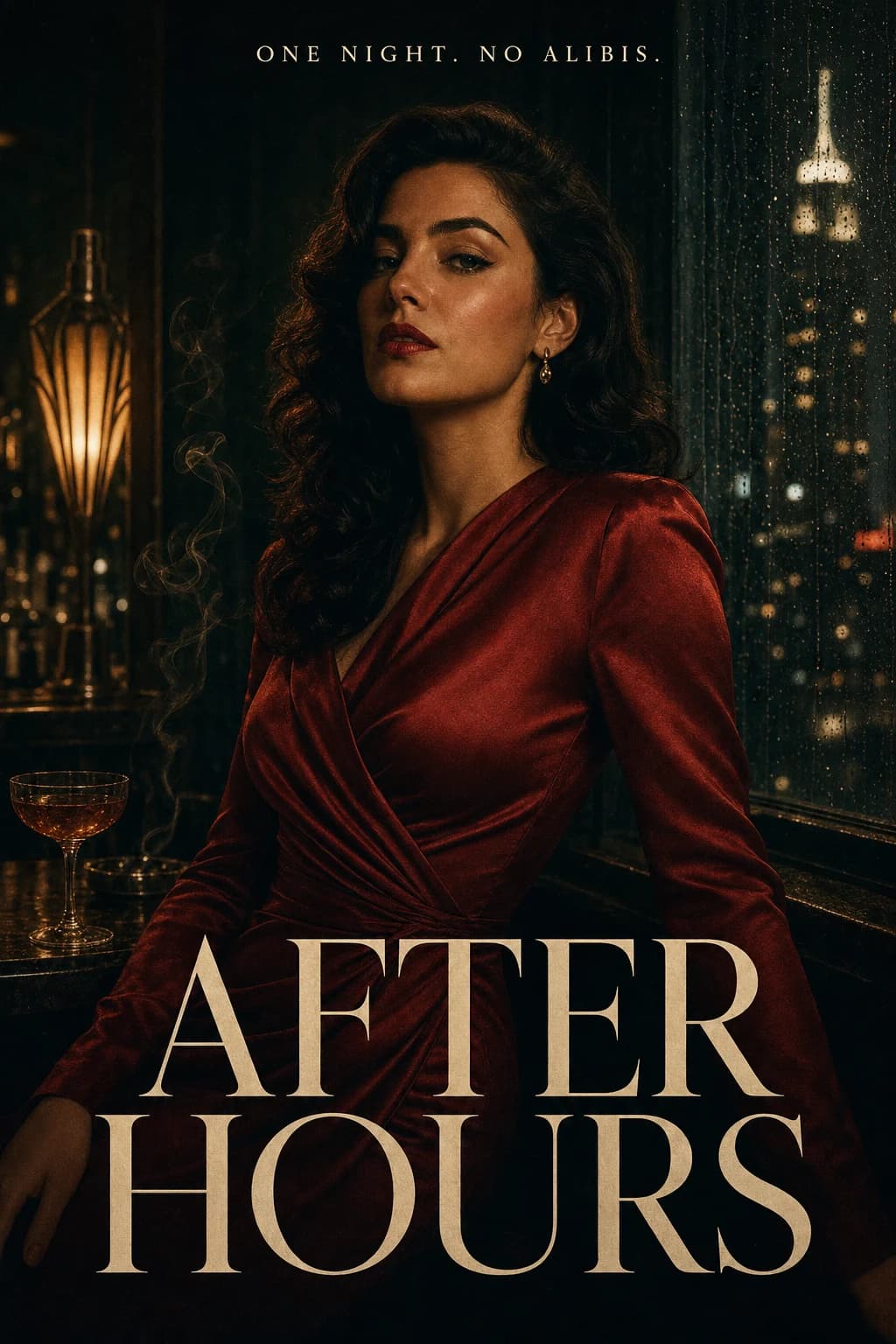 Original AFTER HOURS neo-noir poster featuring an adult woman in a red evening gown in an art-deco bar.