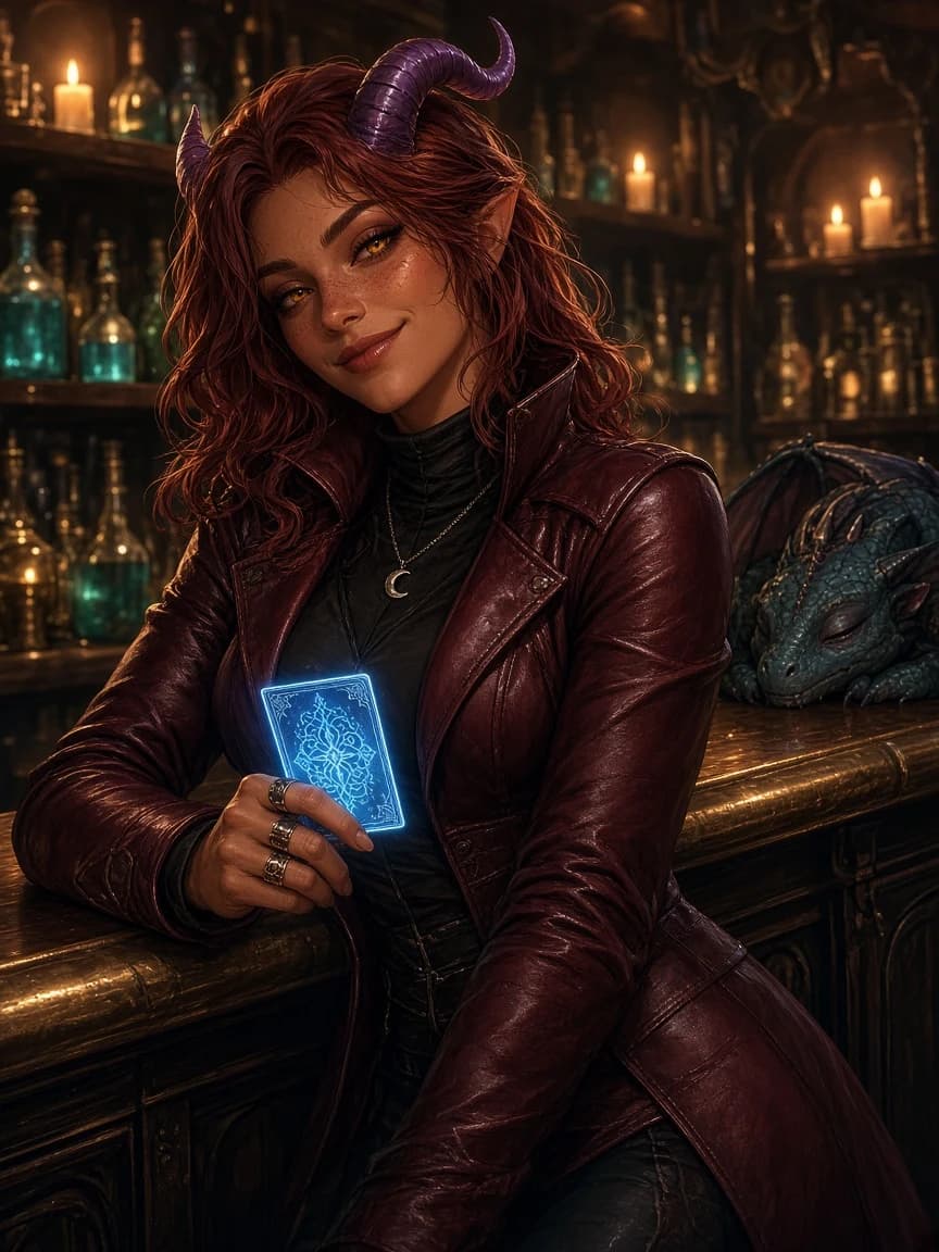 Adult copper-skinned tiefling woman with violet horns and auburn hair holding a glowing playing card in a magical tavern.