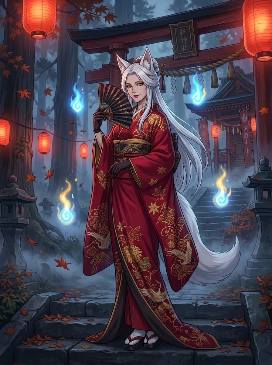 Adult white-haired fox spirit in a crimson kimono among lanterns and blue foxfire.