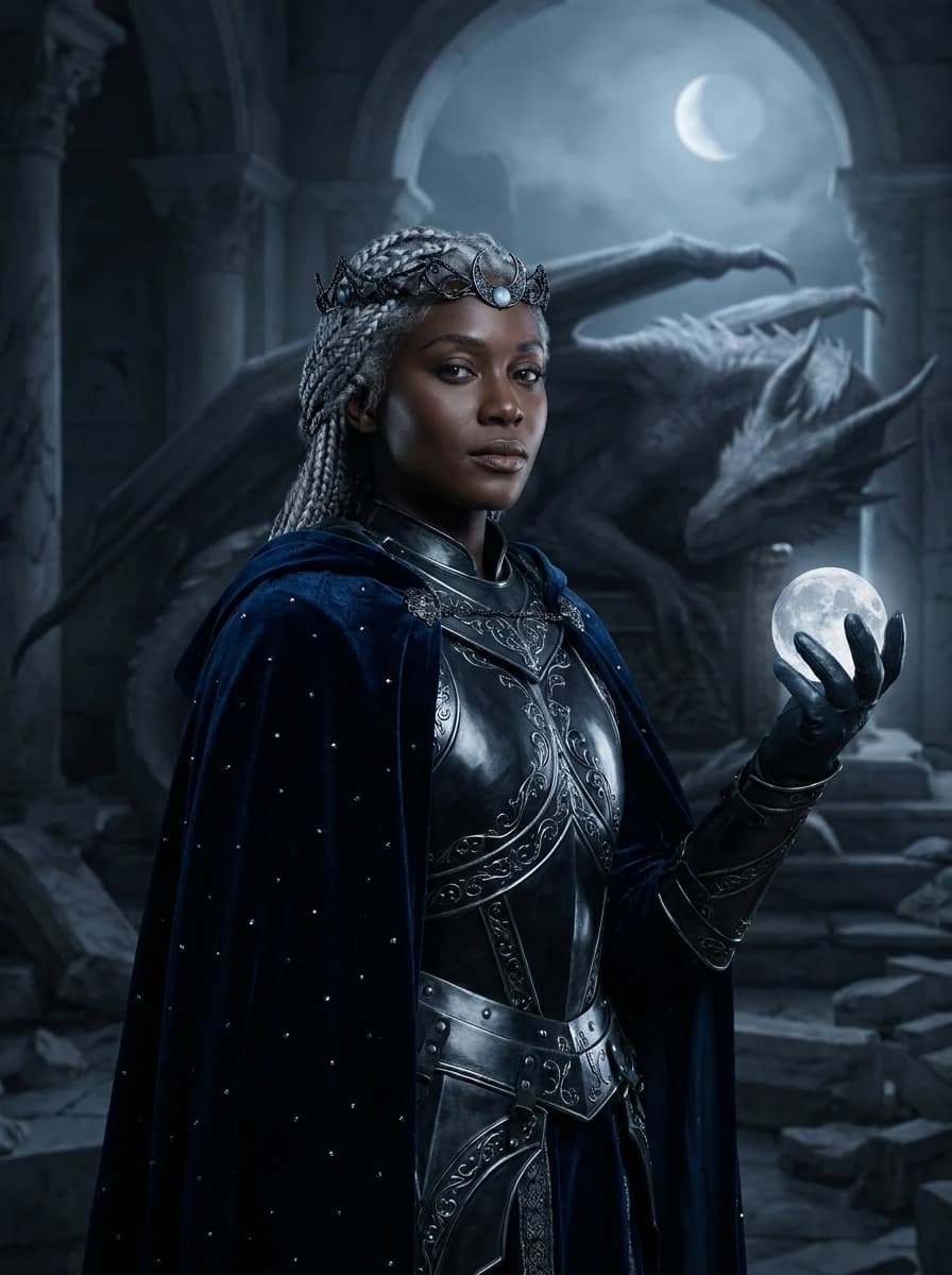 Adult moon queen with silver braids and dark armor holding a luminous moon before a white dragon.
